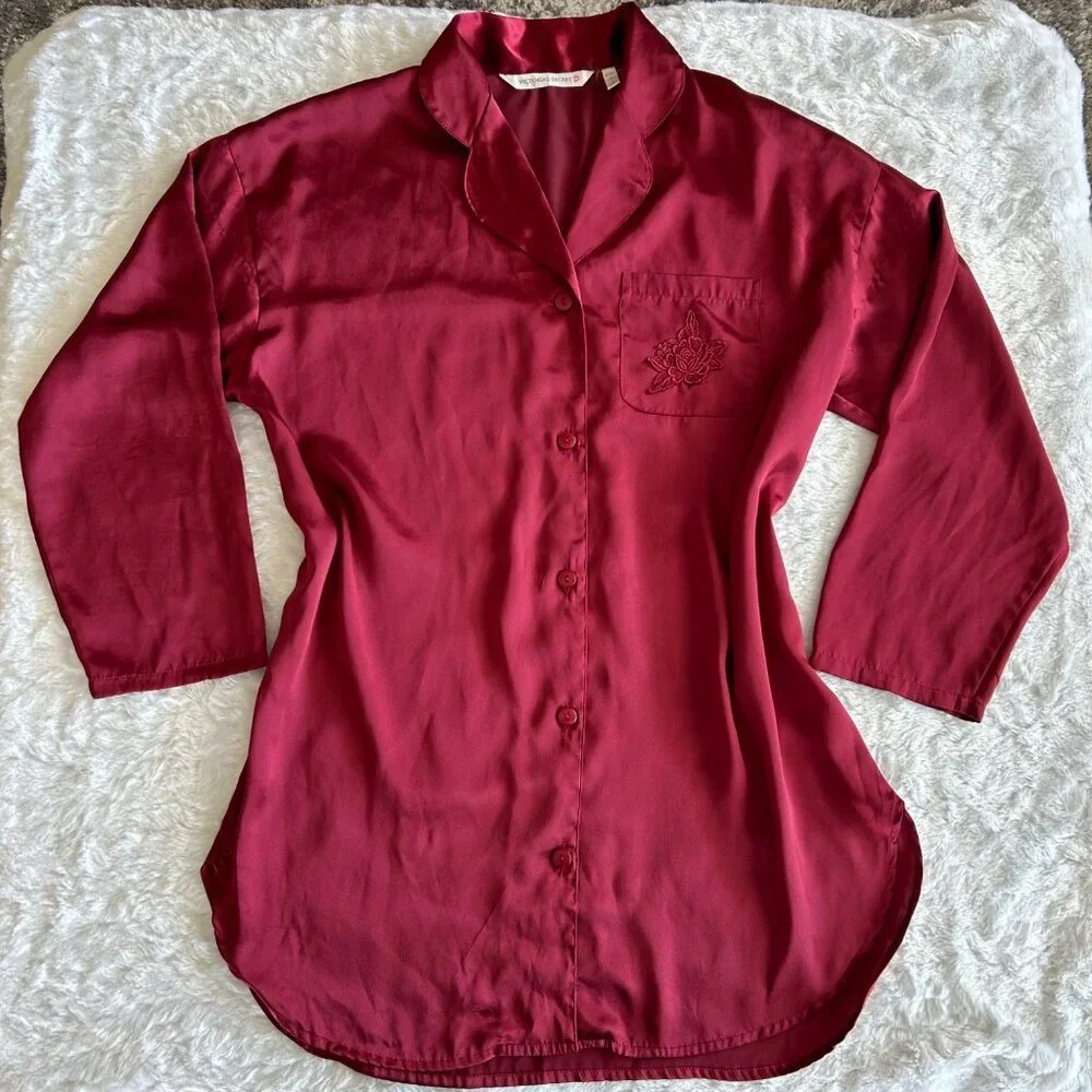 Victoria's Secret Y2K Burgundy Red Satin Nightgown Sleep Shirt Button Down - Med